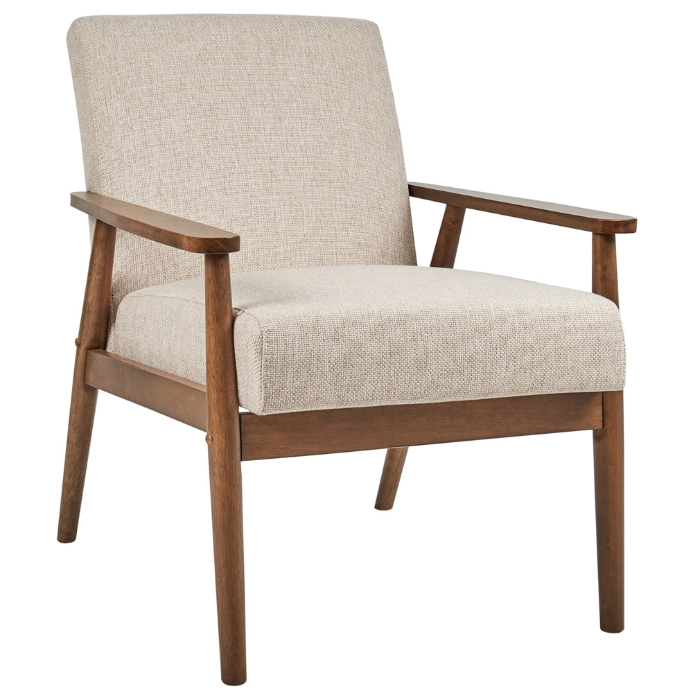 Poltrona da salotto con rivestimento in tessuto beige con struttura in legno stile retrò