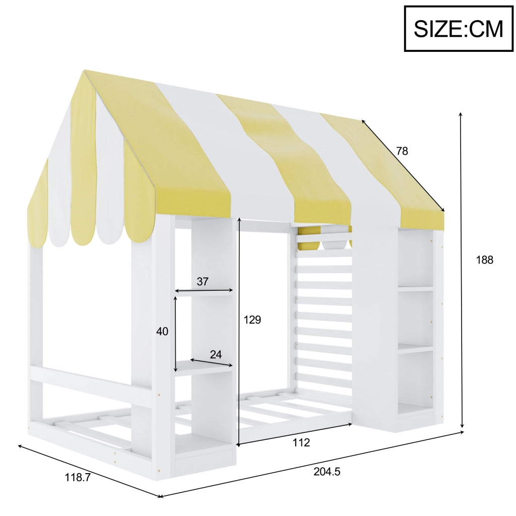 Letto per bambini singolo 1 posto con baldacchino; 2 vani aperti; in legno; bianco; 90 × 200 cm; senza materasso