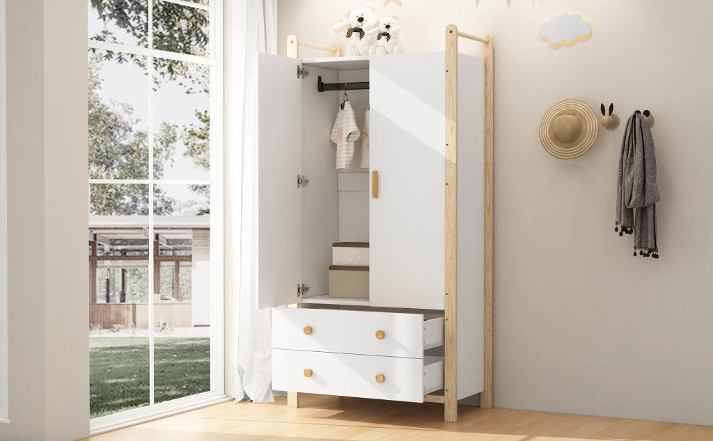 Armadio a 2 ante con asta appendiabiti e 2 cassetti; per camera da letto e ingresso; bianco e naturale; 90×45×180 cm