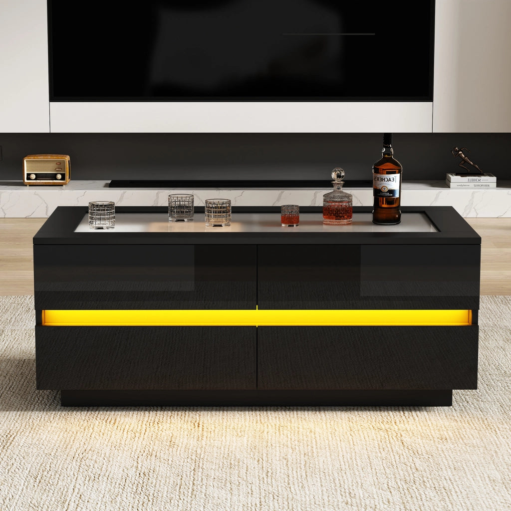 Tavolino da caffè con 4 cassetti; LED - per soggiorno - in truciolare - 100×50×40 cm - nero