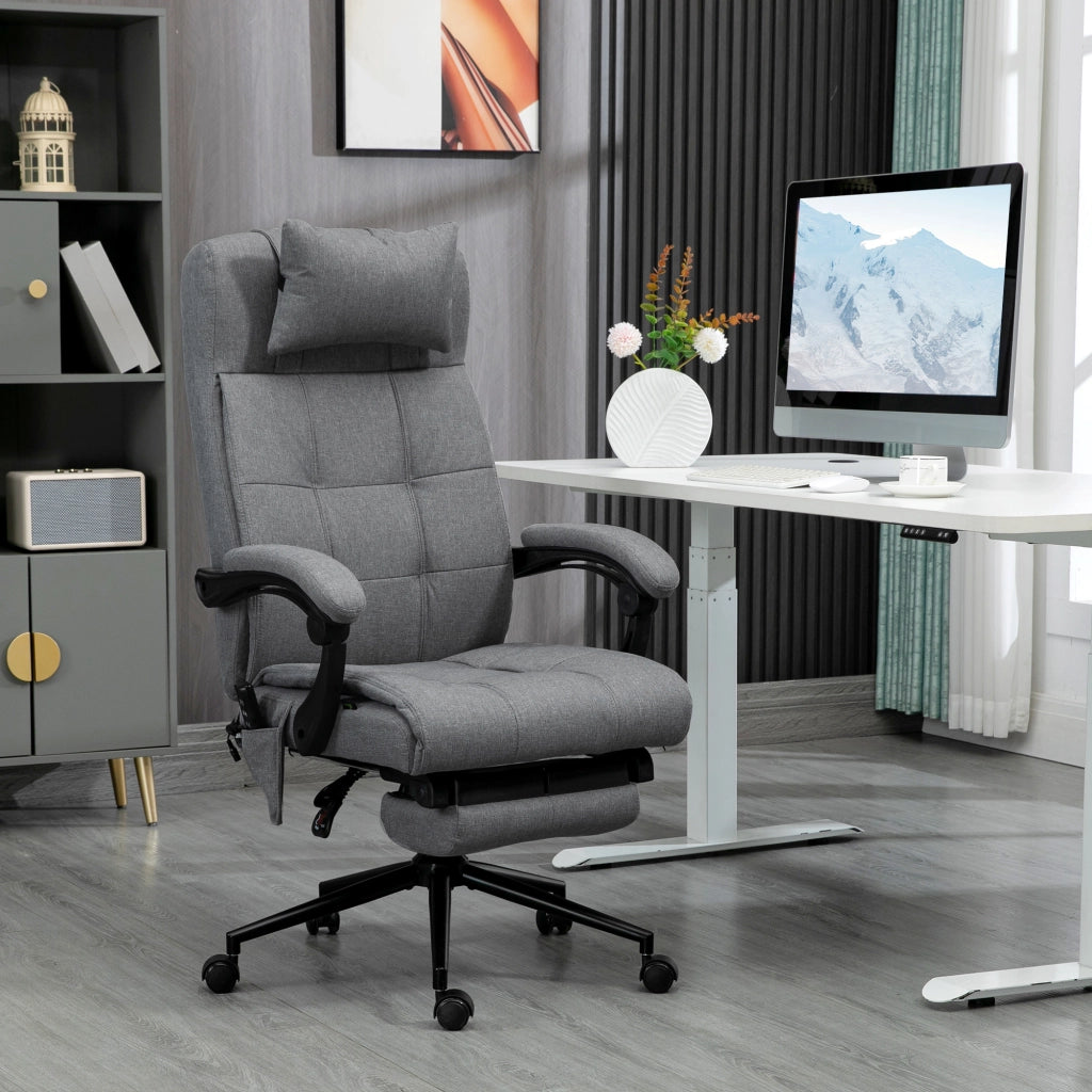 Sedia da ufficio massaggiante ergonomica con riscaldamento lombare, poggiapiedi e poggiatesta in acciaio grigio