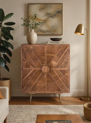 Credenza alta in legno di mango con ante intagliate