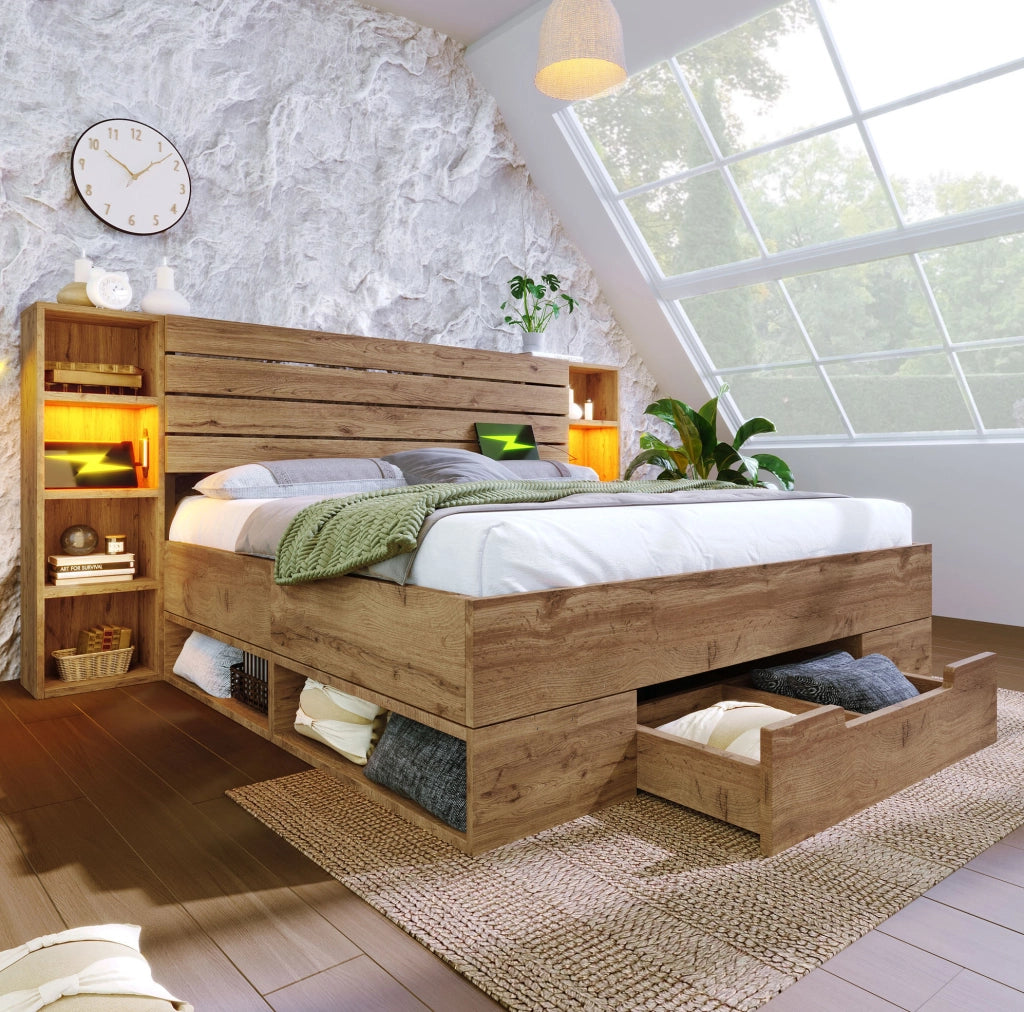 Letto matrimoniale 160x200 con testiera contenitore, LED e porte USB