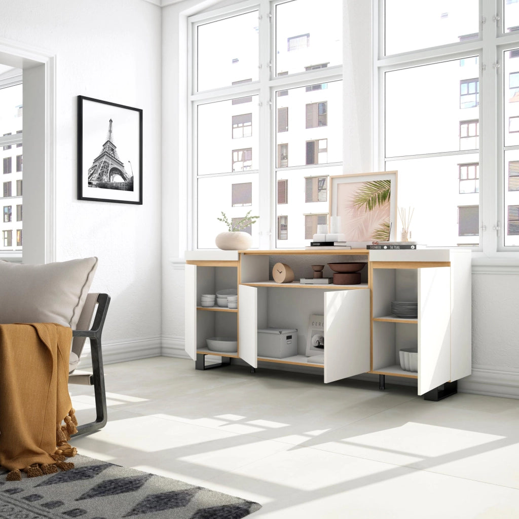 Credenza, Mobile, Cucina, 200x87x35cm, 4 Porte, Design industriale, Bianco e Rovere soft