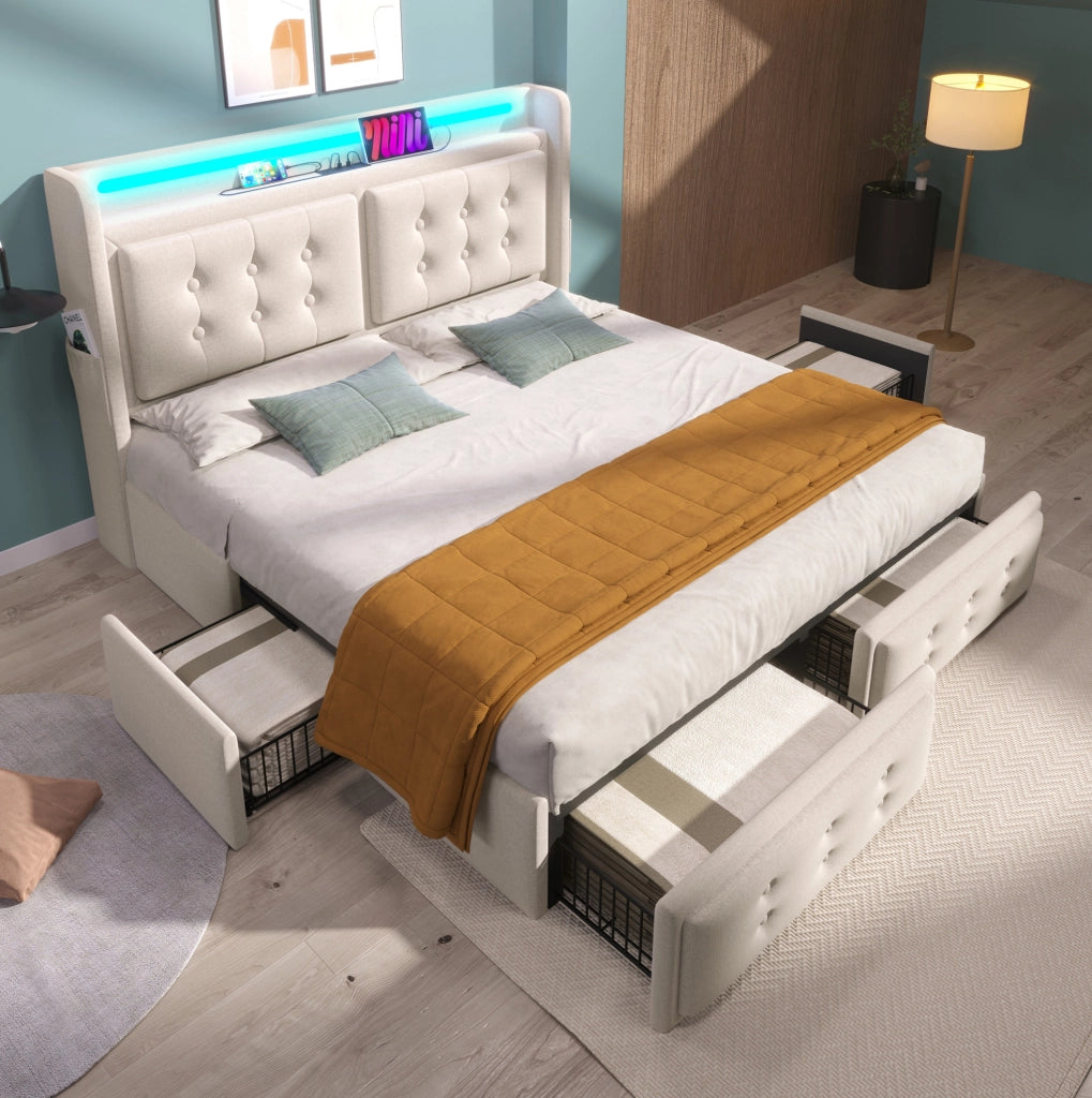 Letto matrimoniale imbottito 140x200 cm con LED; USB e 4 cassetti; beige
