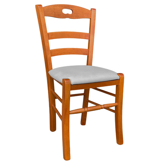 Sedia legno Loris ciliegio con seduta imbottita ecopelle grigio chiaro
