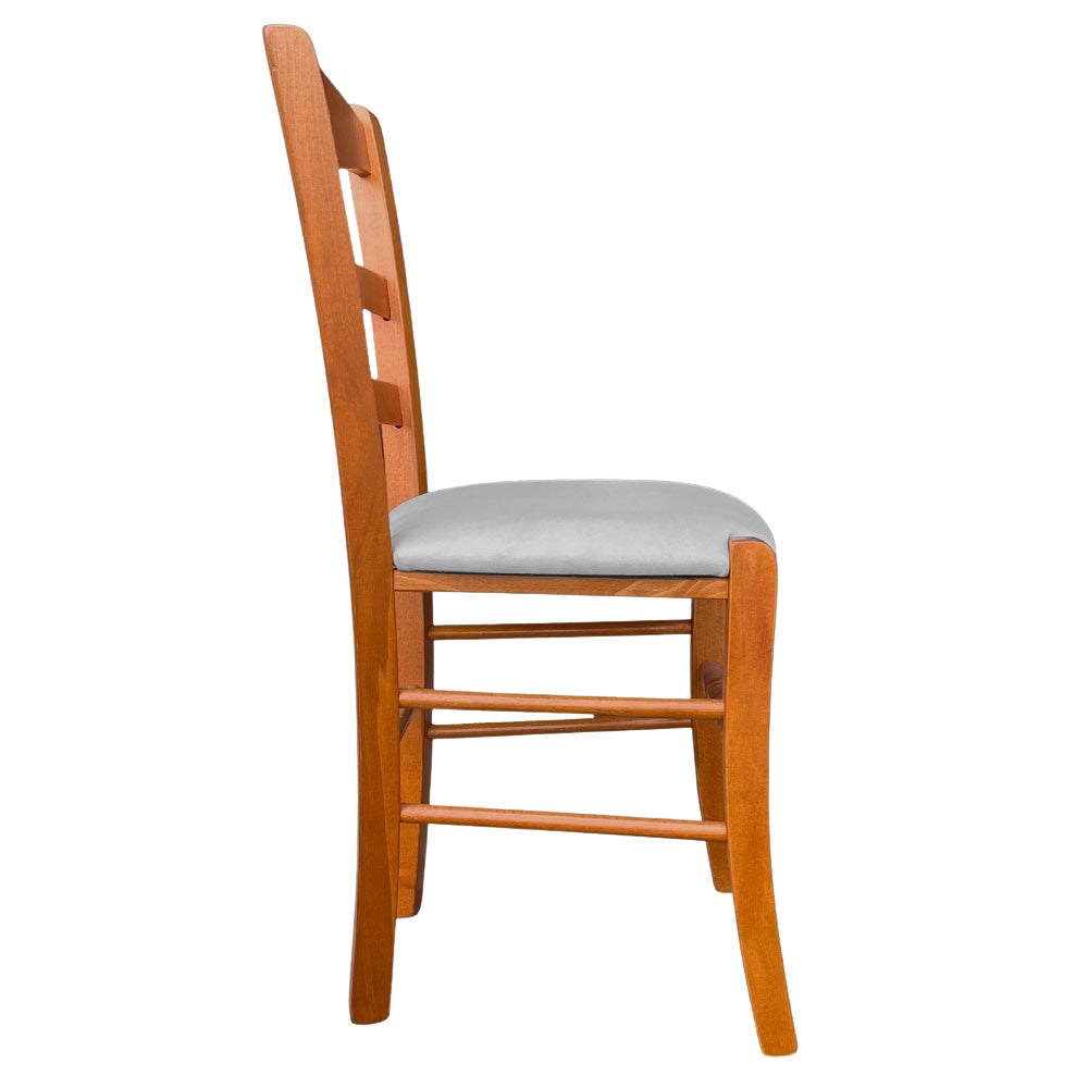 Sedia legno Loris ciliegio con seduta imbottita ecopelle grigio chiaro