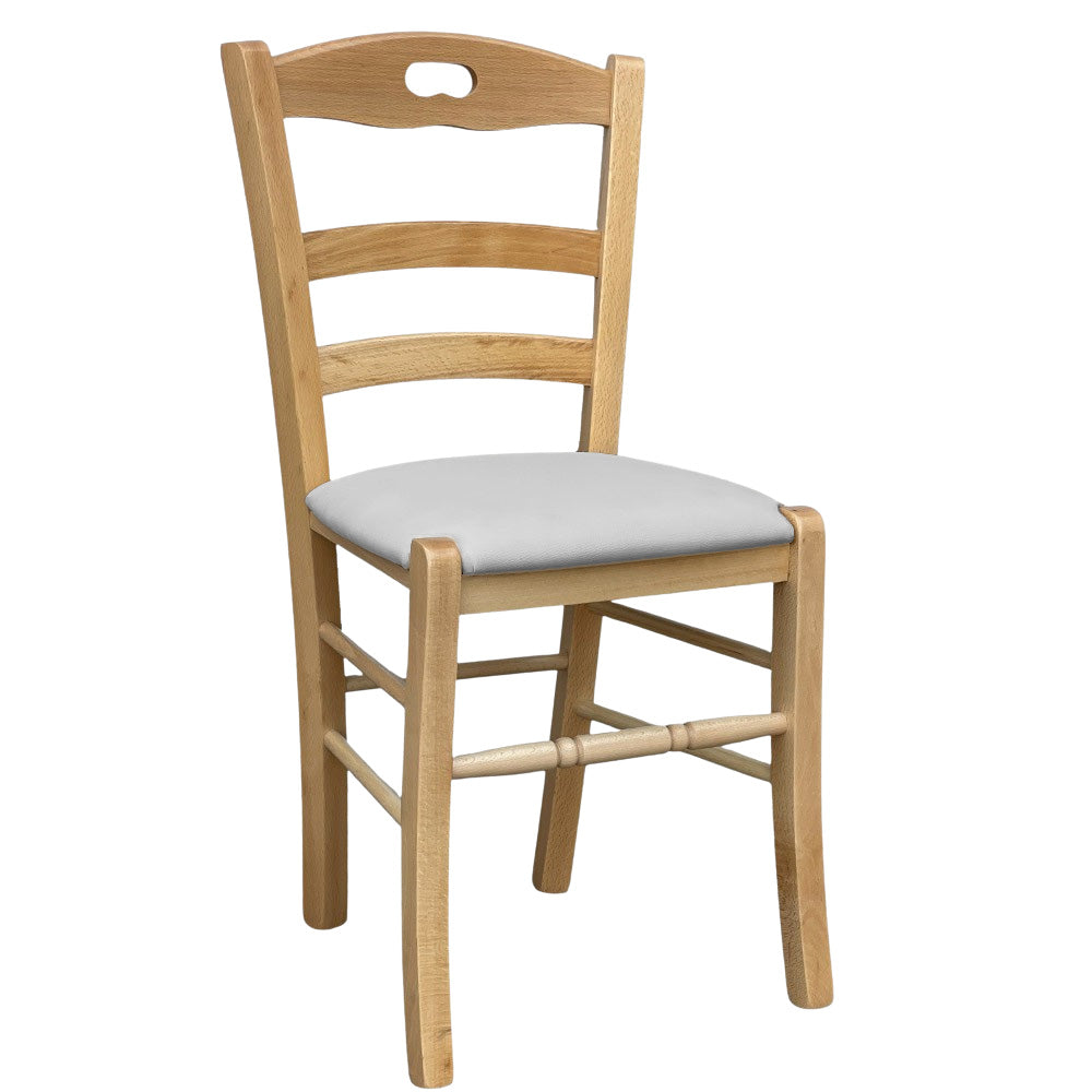 Sedia legno Loris naturale con seduta imbottita ecopelle grigio chiaro