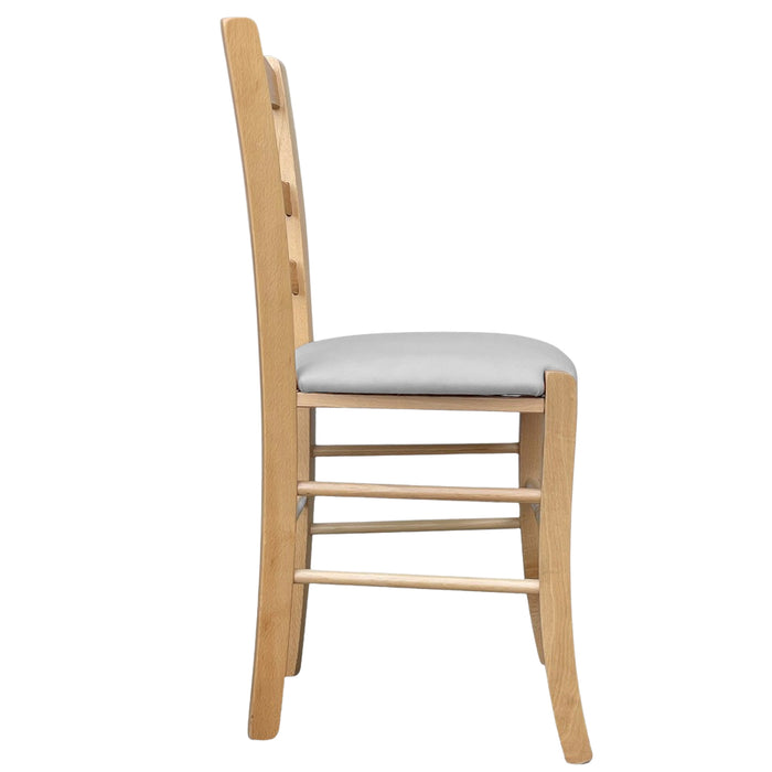 Sedia legno Loris naturale con seduta imbottita ecopelle grigio chiaro