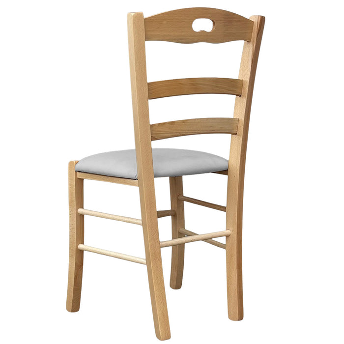 Sedia legno Loris naturale con seduta imbottita ecopelle grigio chiaro