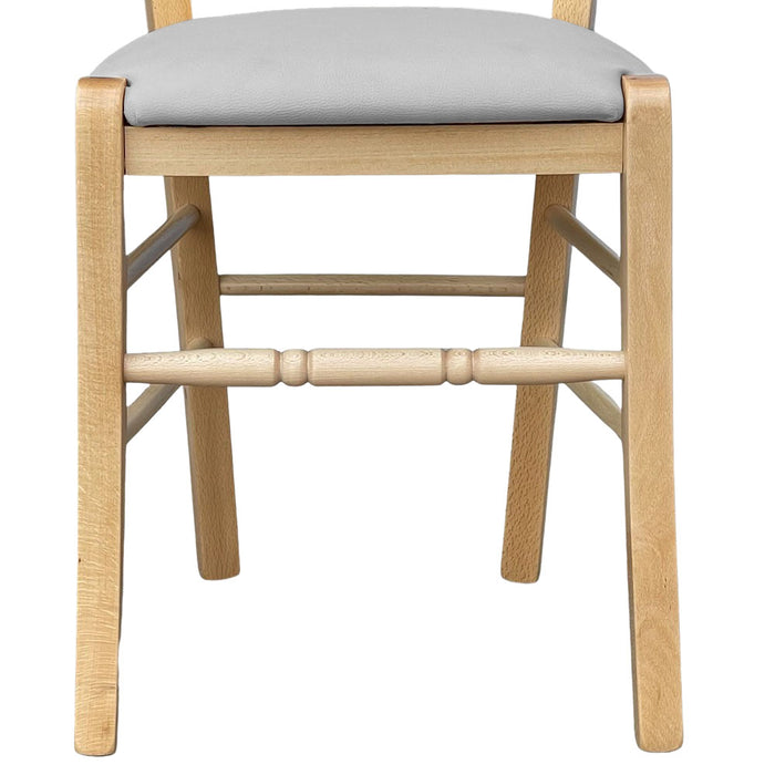 Sedia legno Loris naturale con seduta imbottita ecopelle grigio chiaro