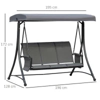 Dondolo 3 Posti da Giardino o Terrazzo con Tettuccio Regolabile e Tasche Portaoggetti Grigio Scuro 196x128x172cm