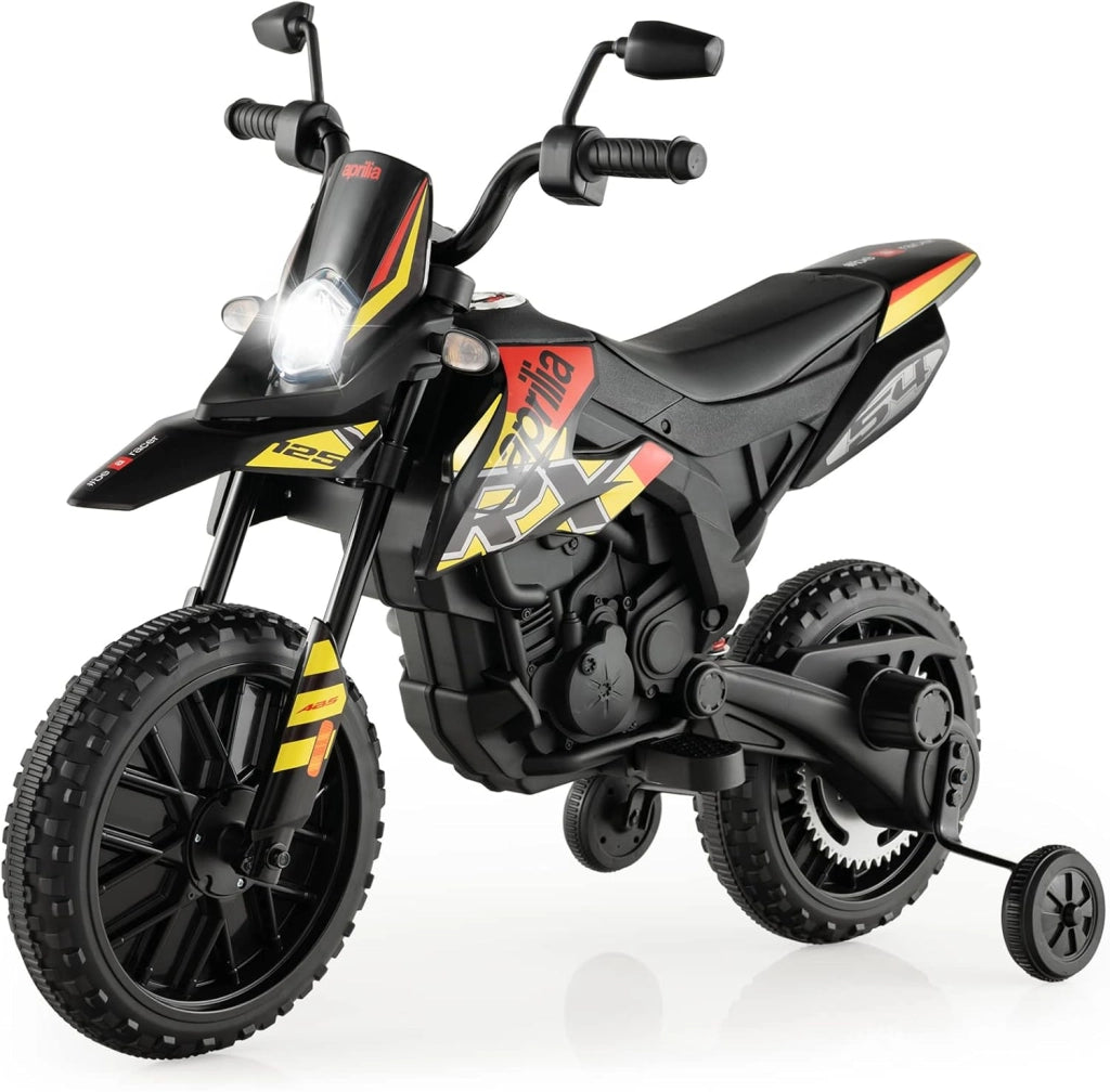 12V Aprilia Moto Cavalcabile per Bambini, Motocicletta Elettrica con Ruote Ausiliarie e Musica Wireless, Sospensione a Molla, Moto Elettrica alla Moda per Bambini 3-8 Anni (Bianco)