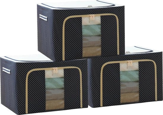 Cassetti di stoccaggio con coperchi contenitore di stoccaggio telaio metallico telaio in acciaio sacco di stoccaggio Oxford contenitore di stoccaggio imbottito armadio per abiti pieghevoli tessuto dimensione extra grande (Navy: 100L x 3 pezzi)