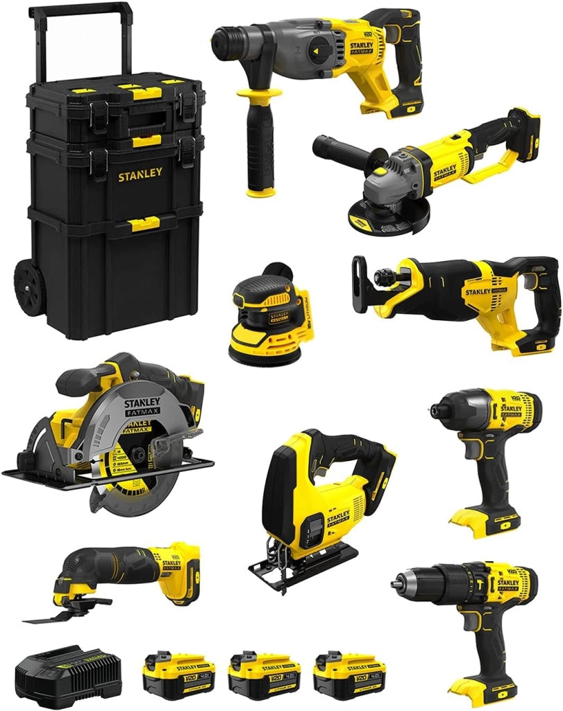 STANLEY FatMax Kit SVK901 (SFMCH900 + SFMCG400 + SFMCD711 + SFMCF800 + SFMCS500 + SFMCS600 + SFMCW220 + SFMCS300 + SFMCE500 + 3 Batterie 4,0A h + Caricabatteria + Caddy 3in1)