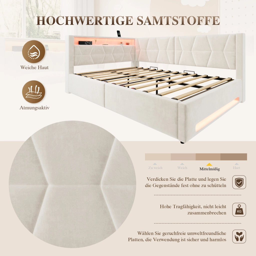 LETTO Contenitore 140x200 cm Velluto Beige con USB, Type-C e LED