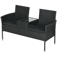 Divanetto per Esterni 2 Posti con Tavolino da Caffè, in Acciaio e Rattan PE, 137x59x82 cm, Nero