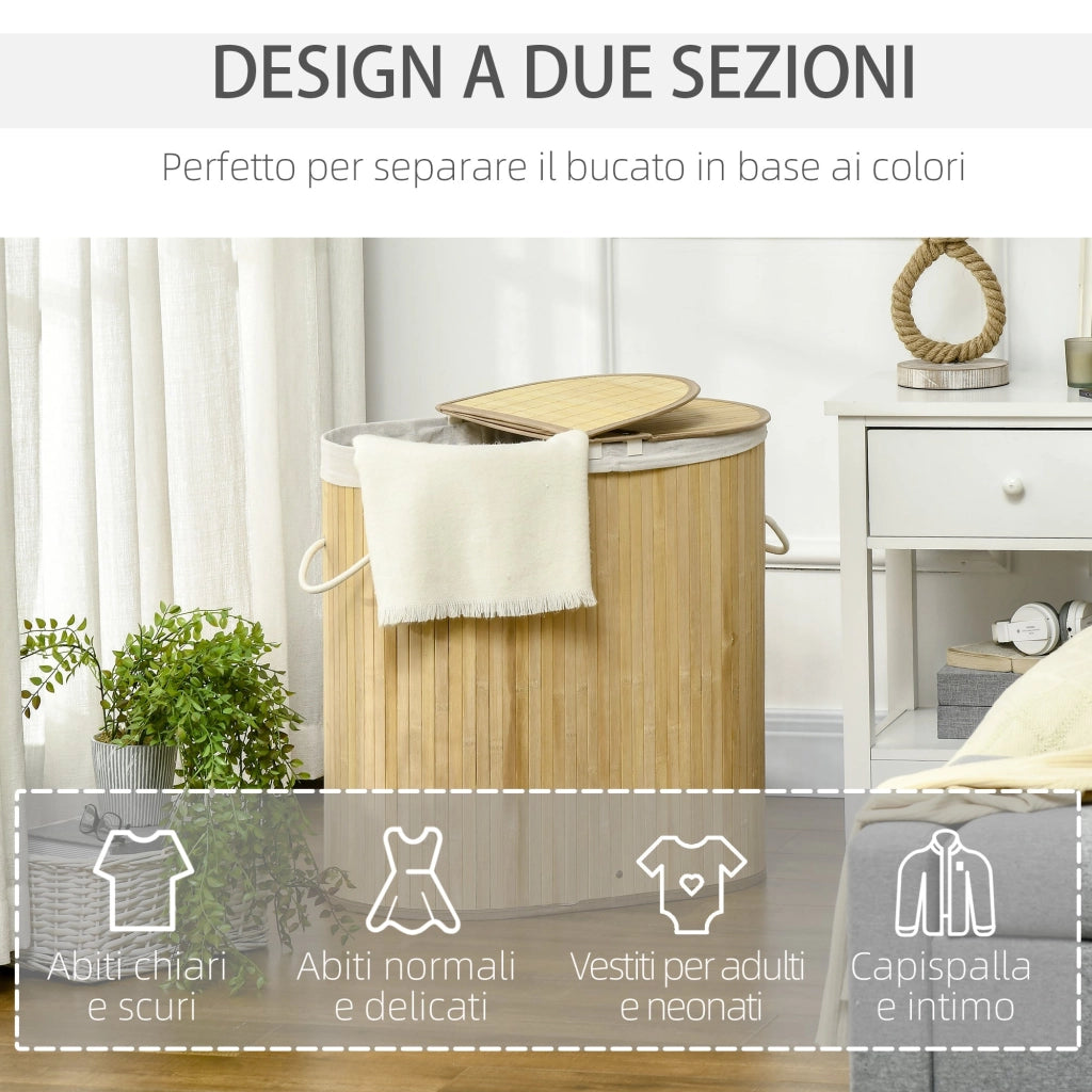 Cesto Portabiancheria a 2 Sezioni 62,5x37x60,5 cm Capacità 100L Sacca Interna Removibile