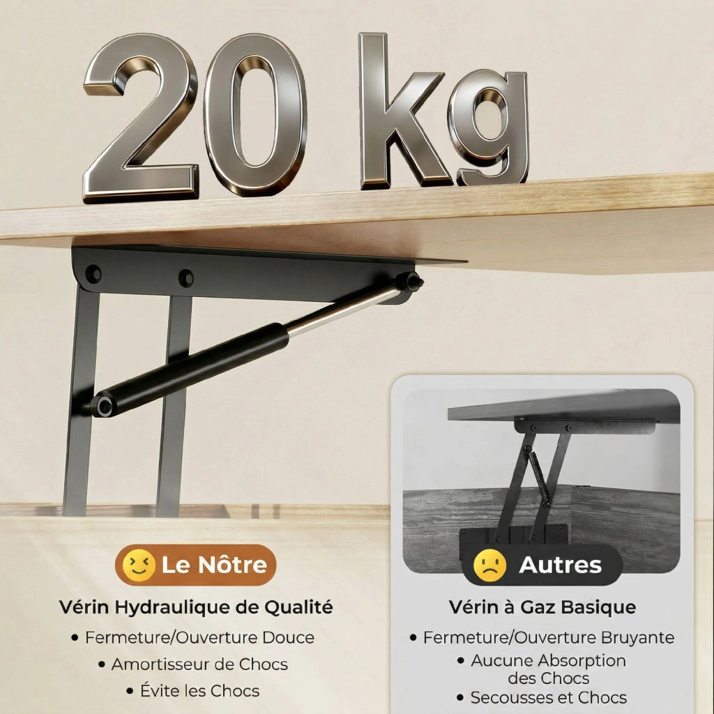 Tavolino da caff¨¨ con doppio piano e ripiano nascosto ¨C zephmum ¨C legno naturale, gambe in metallo