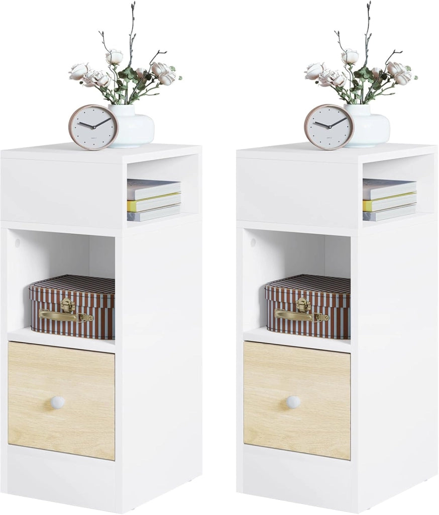 Set di 2 Comodino Stretto, Comodino con 2 Scomparti a Giorno e Cassetto, Tavolino da Notte 25x30x66cm, Mobile Salvaspazio per Camera da Letto, Soggiorno, in Truciolato, Rovere, 0011CTG-2-FL