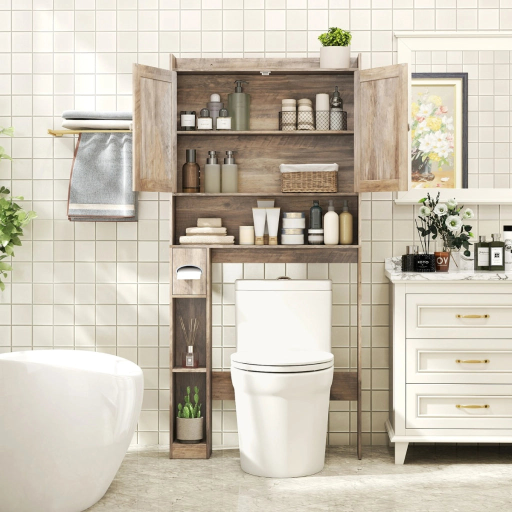 Scaffale organizzatore con doppie ante e ripiano regolabile-Mobile contenitore sopra il WC per bagno e lavanderia Grigio