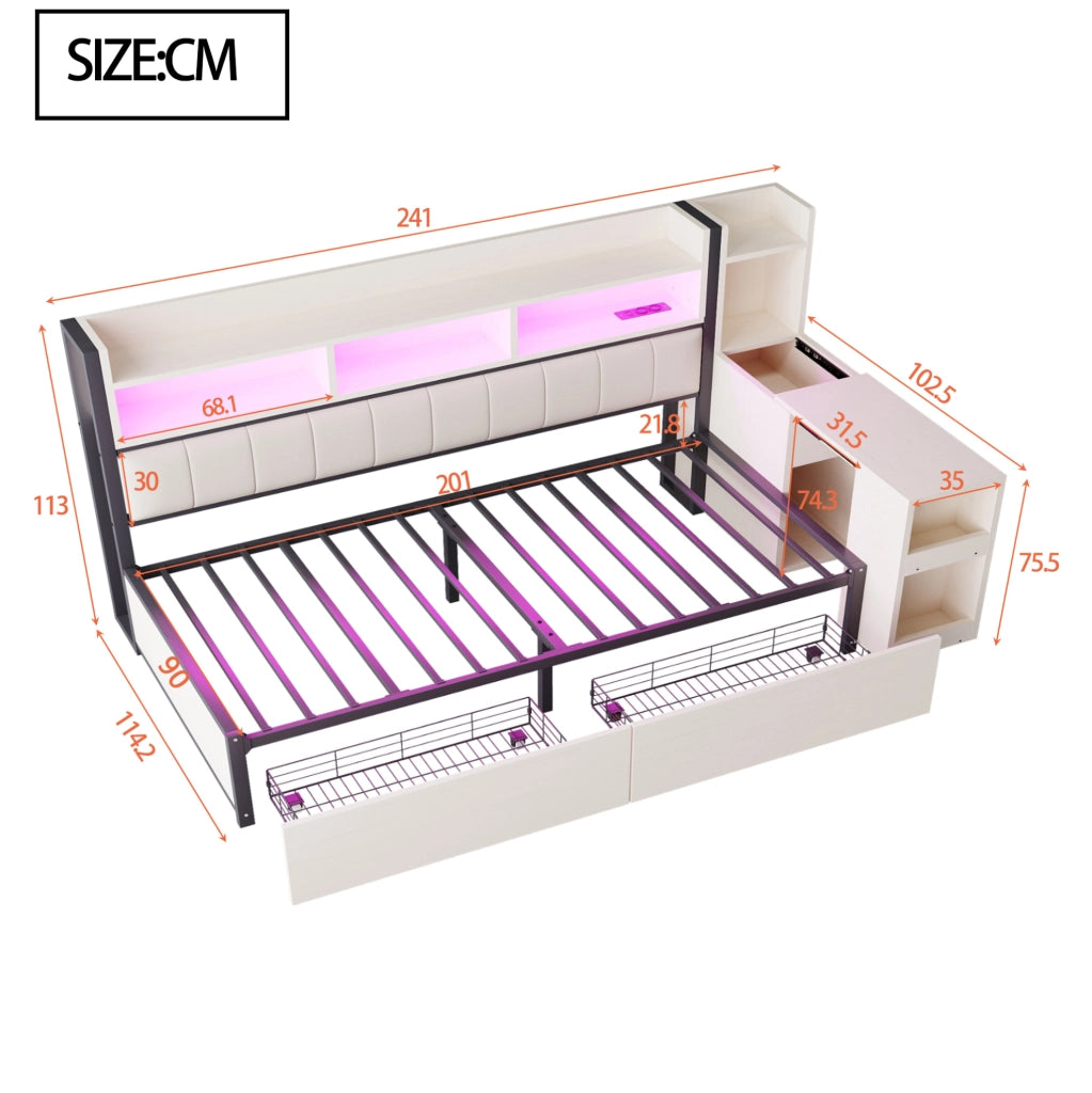 Letto singolo multifunzione 90x200 cm con scrivania mobile; contenitori e prese; bianco e legno