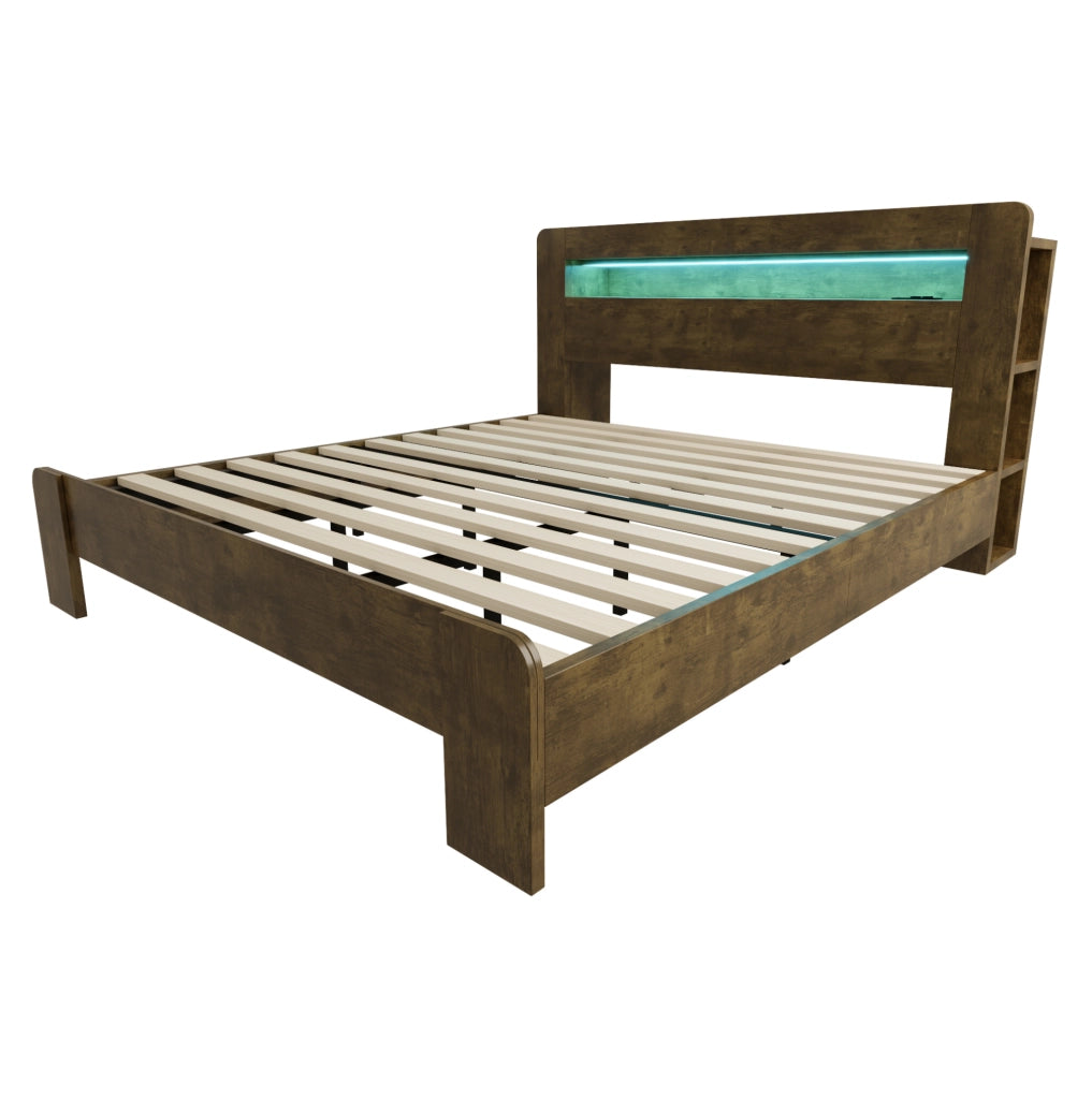 Letto matrimoniale in legno 180x200 con testiera contenitore, LED e prese integrate
