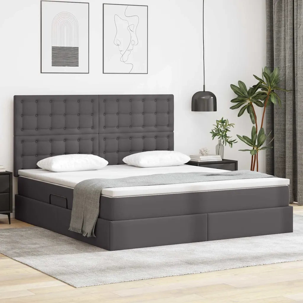 Letto con contenitore e LED Grigio 160 x 200 cm Pelle Sintetica