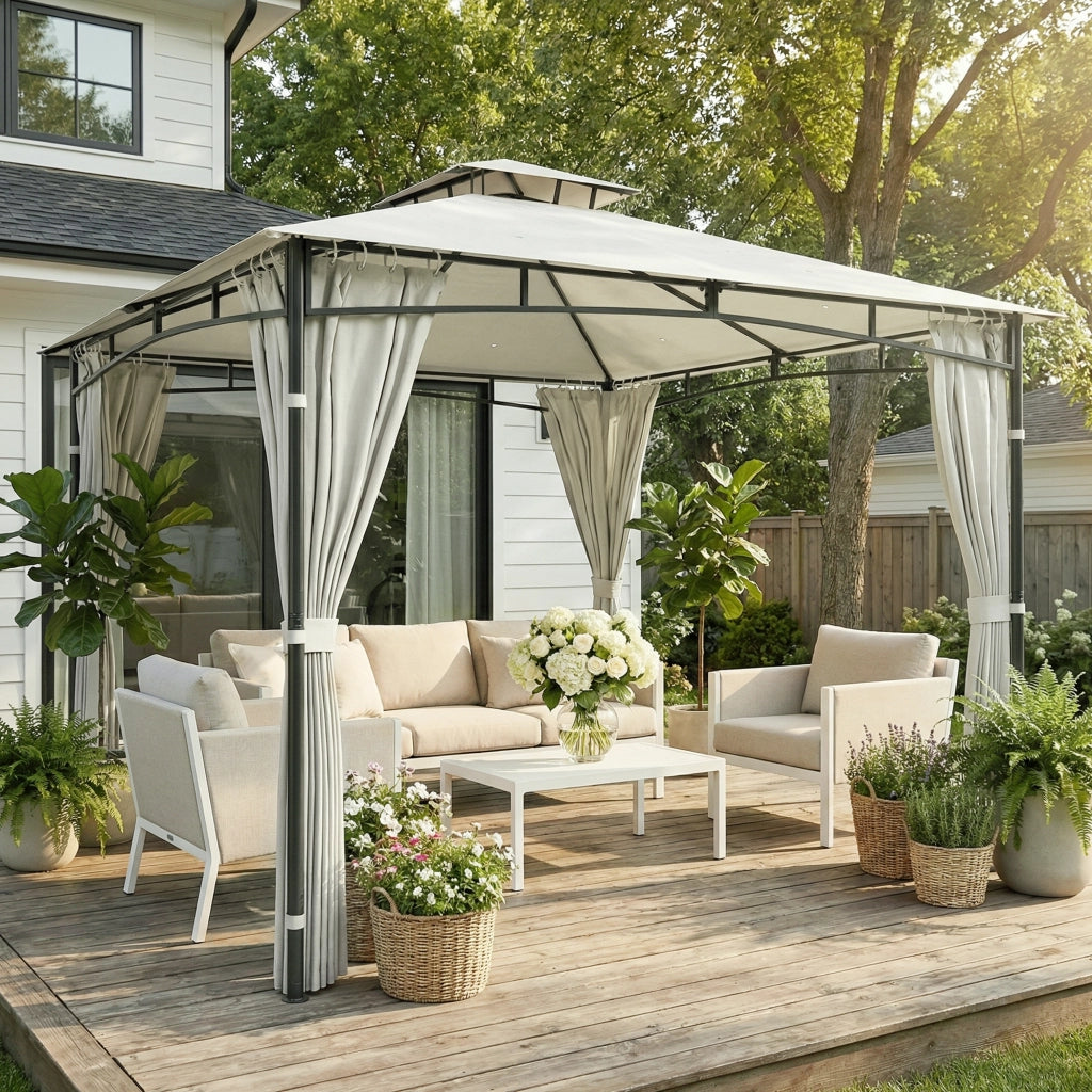 Gazebo da Giardino ¨C zephmum ¨C Doppio Tetto Retrattile UV50+ Impermeabile 3x3m Crema