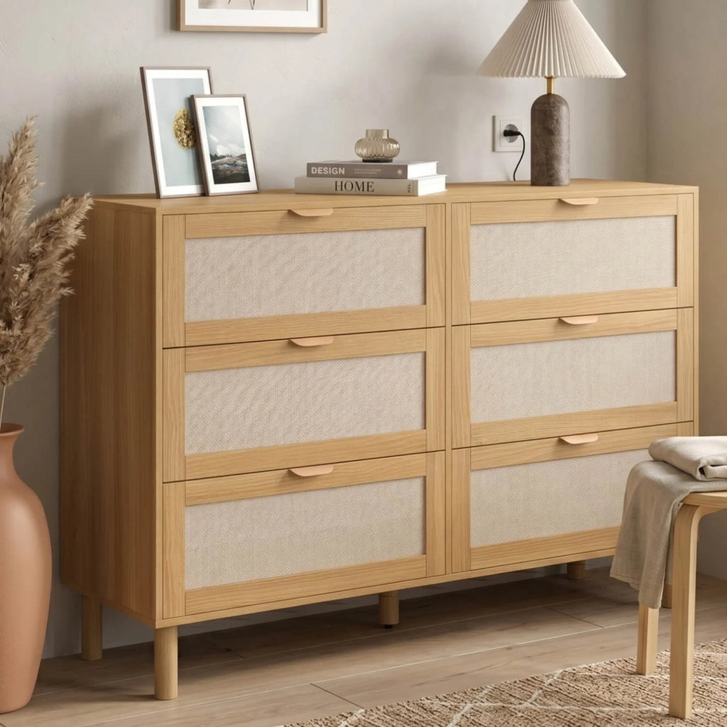 IDMarket - Contenitore ROBIN a 6 cassetti da 115 cm in legno e tessuto effetto lino