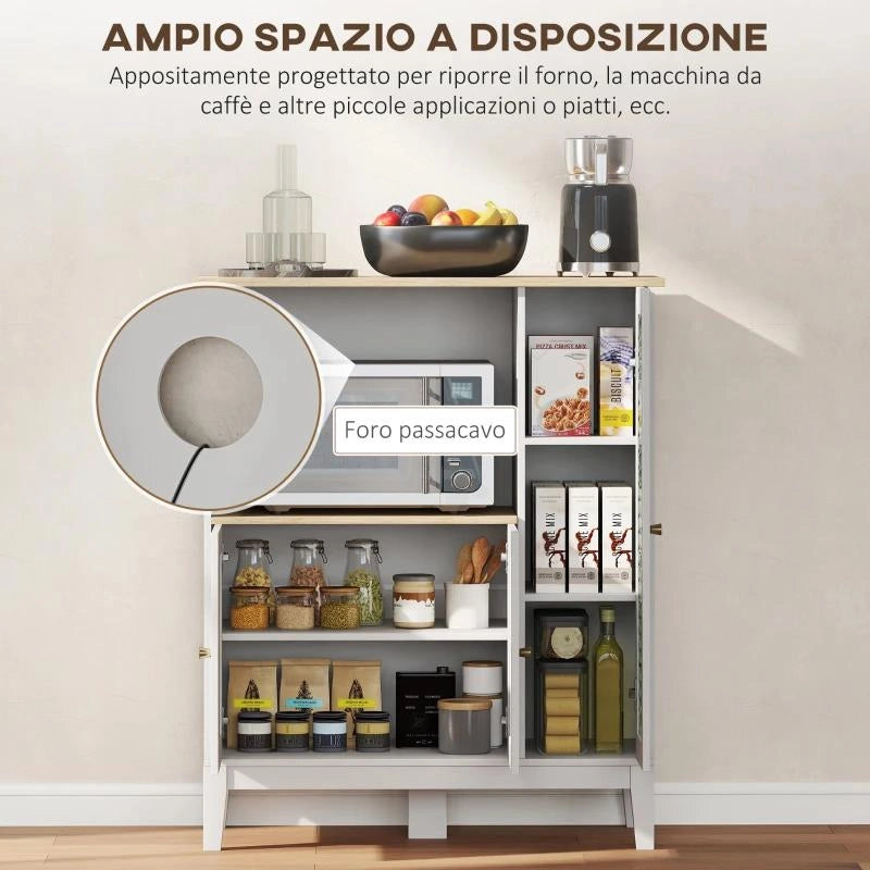 MOBILE MICROONDE CON ARMADIETTO INFERIORE E 3 RIPIANI LATERALI CON ANTA IN VETRO, IN LEGNO, 80X35X97 CM, BIANCO