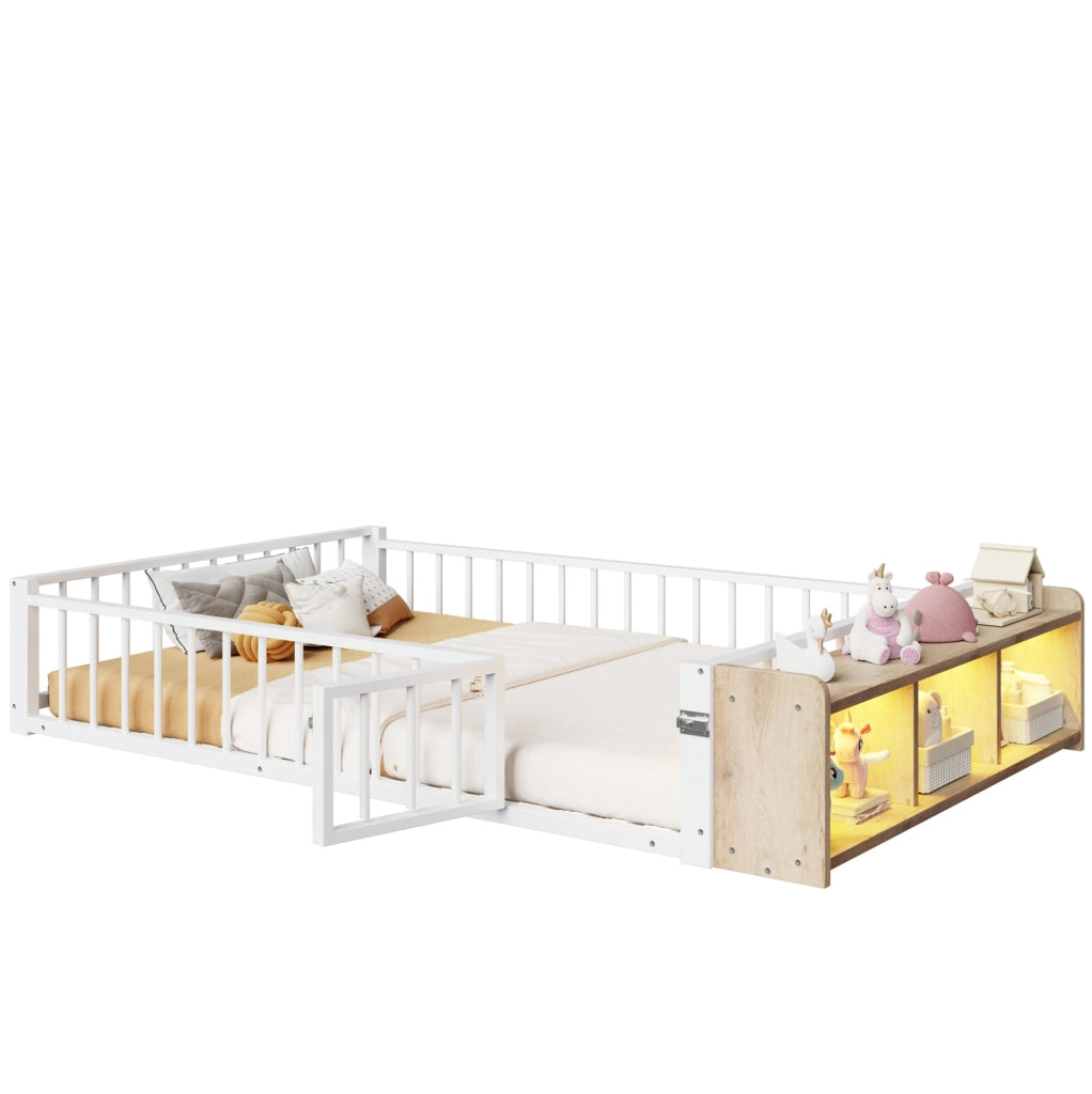 Letto 140x200 cm con sponde; vani portaoggetti e LED in MDF e metallo bianco