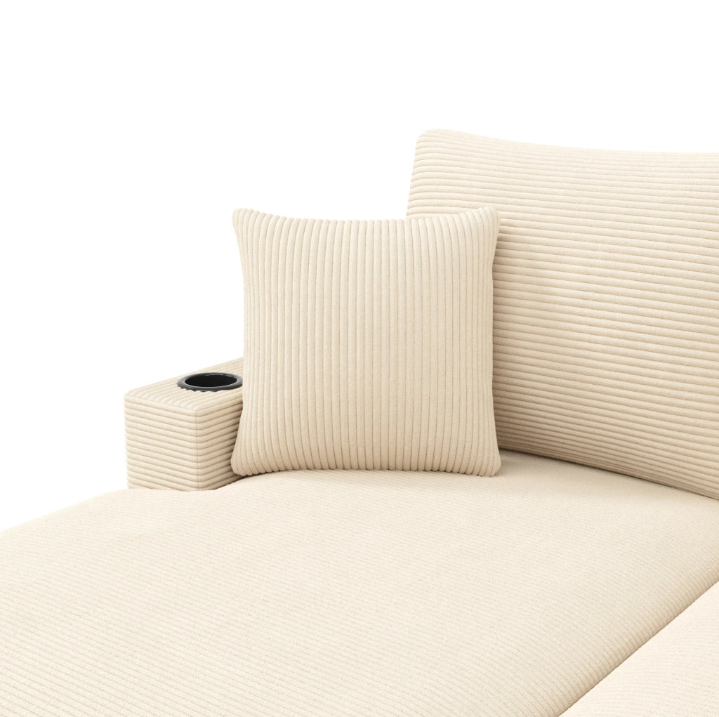 Divano 2 posti beige in velluto a coste con USB, USB-C e portabevande