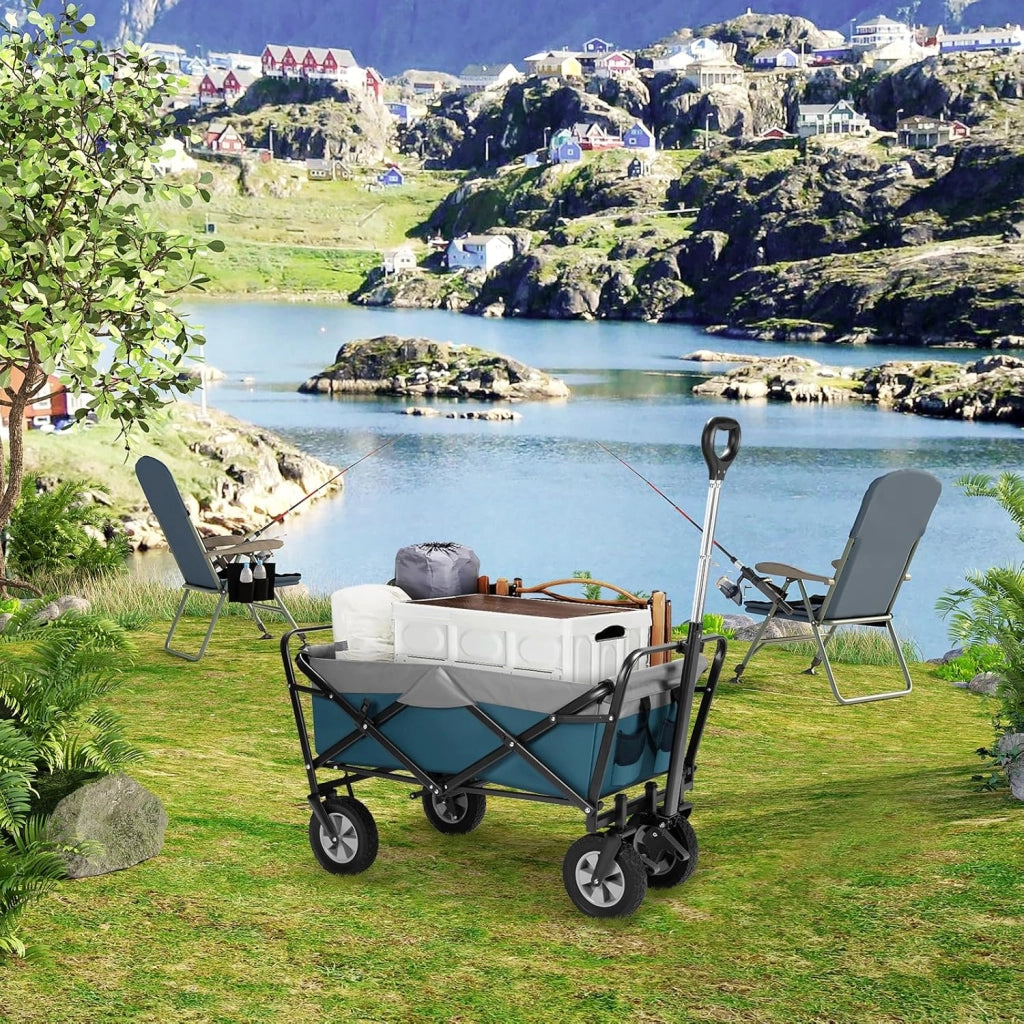 Carrello da Giardino Pieghevole, con Maniglia Regolabile, Carrello da Spiaggia Portatile con Tasche Laterali per Spesa, Picnic, Adatto a Vari Suoli, Portata 80 kg, Blu+Grigio