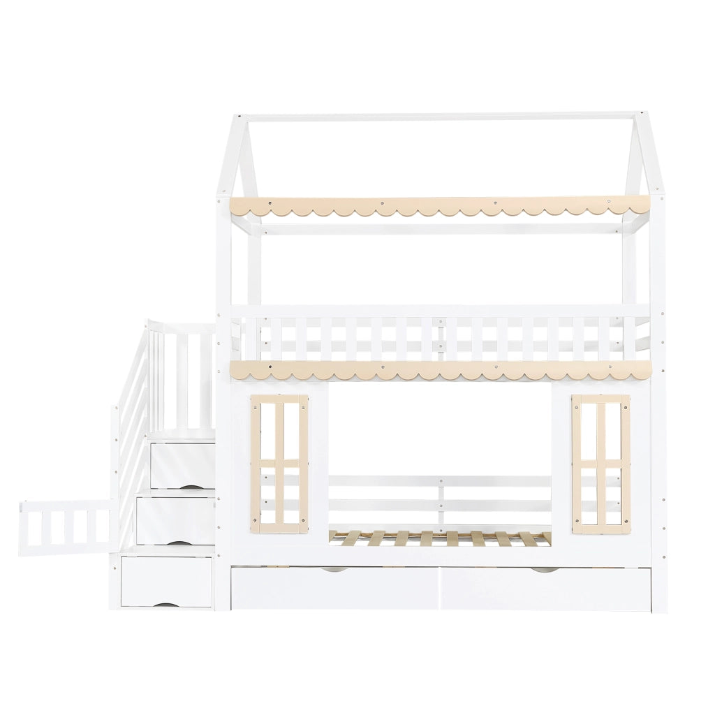 Letto a Castello 90 x 200 cm - Scala con Contenitore e 2 Cassetti - in Legno - Bianco e Naturale