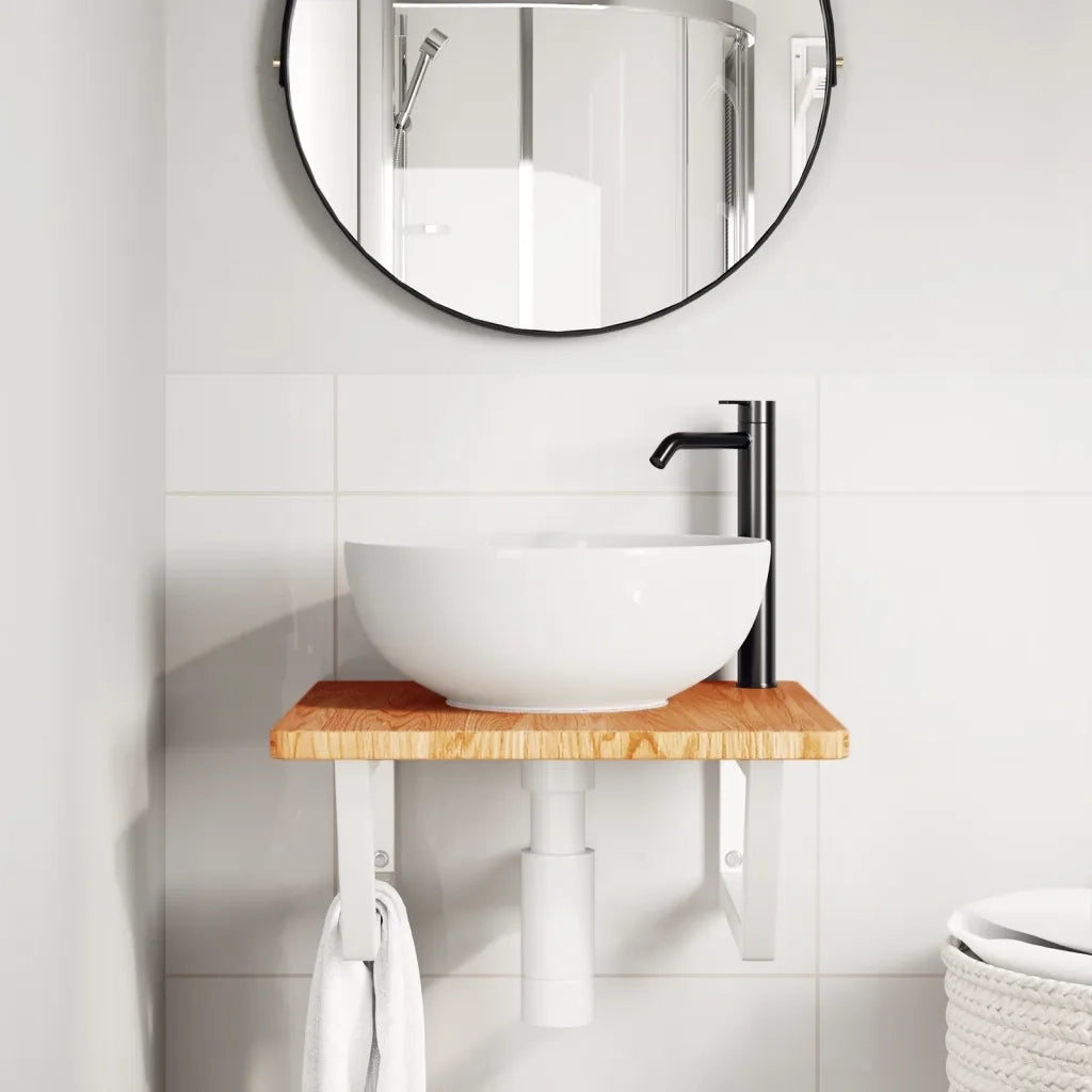 Ripiano a Parete per Lavabo-Mensole a Muro in Acciaio e Massello di Rovere 406546