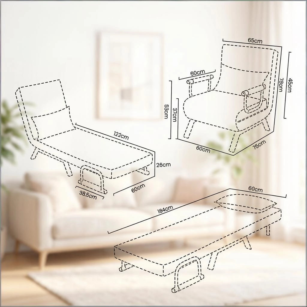 Poltrona letto pieghevole 3 in 1 con schienale regolabile a 5 posizioni, senza materasso, beige per piccoli spazi