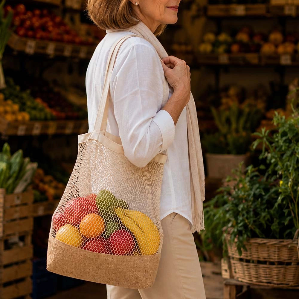Borsa Shopper a Rete Beige con Base in Juta leggera capiente e riutilizzabile