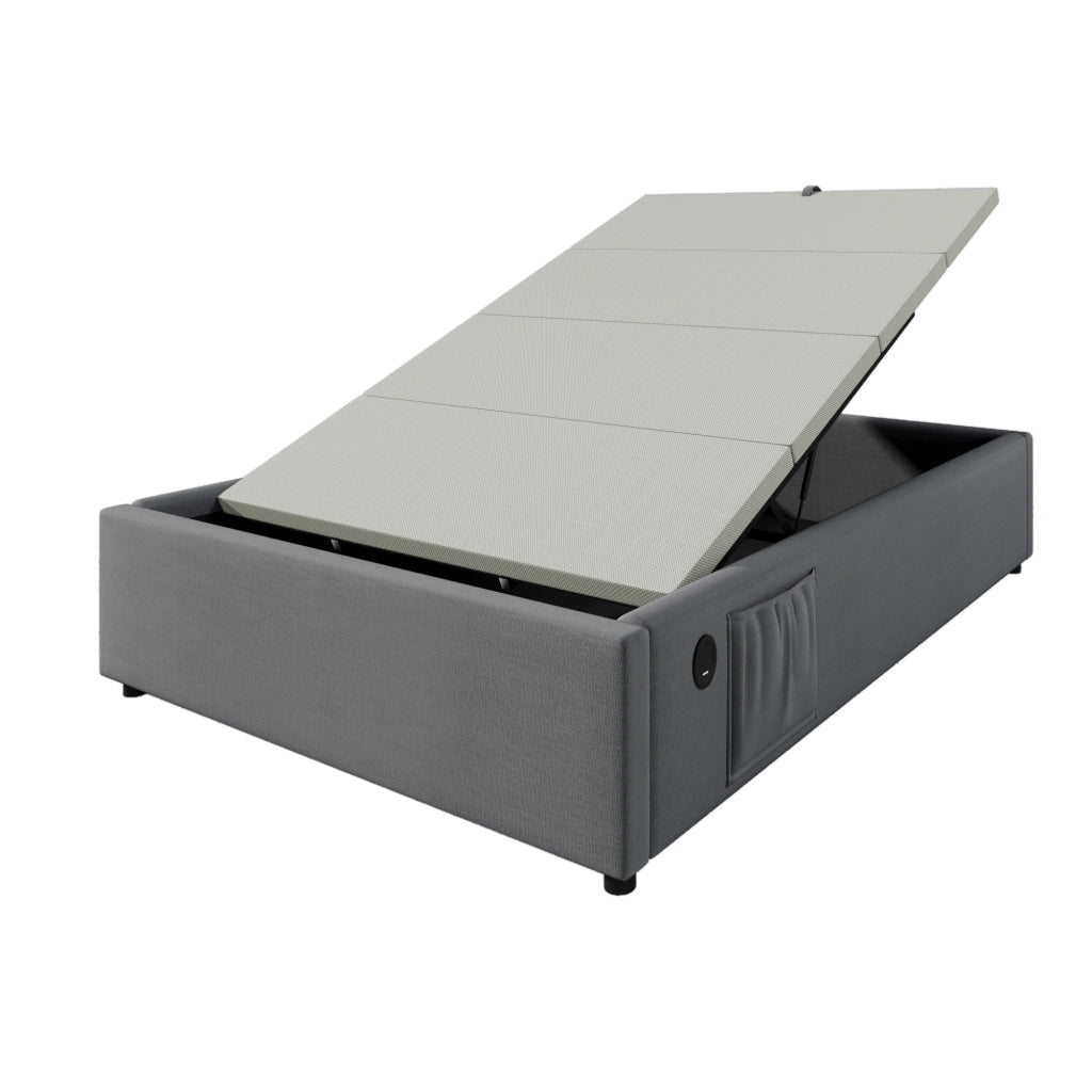 Letto Contenitore Letto Singolo 90 x 200 cm con USB; USB-C e Tasca Laterale; senza Materasso; Grigio