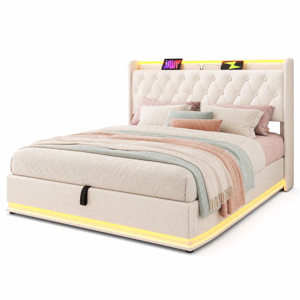 Letto matrimoniale imbottito 160x200 cm in PU bianco con LED 360°, USB e contenitore idraulico