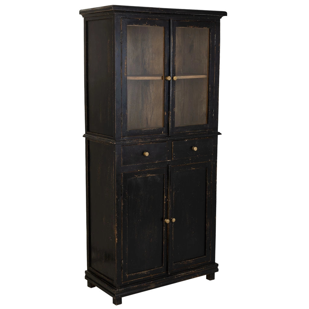 Vetrina in legno e vetro rifinita artigianalmente con 4 ante e 2 cassetti nera 85x40x180