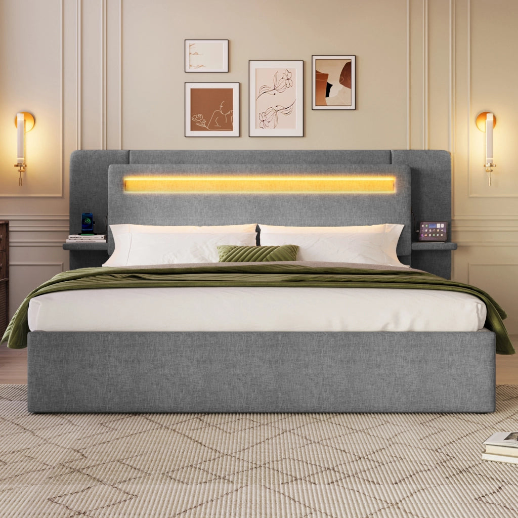 Letto imbottito 140x200 cm; letto contenitore con sollevamento idraulico; lino grigio