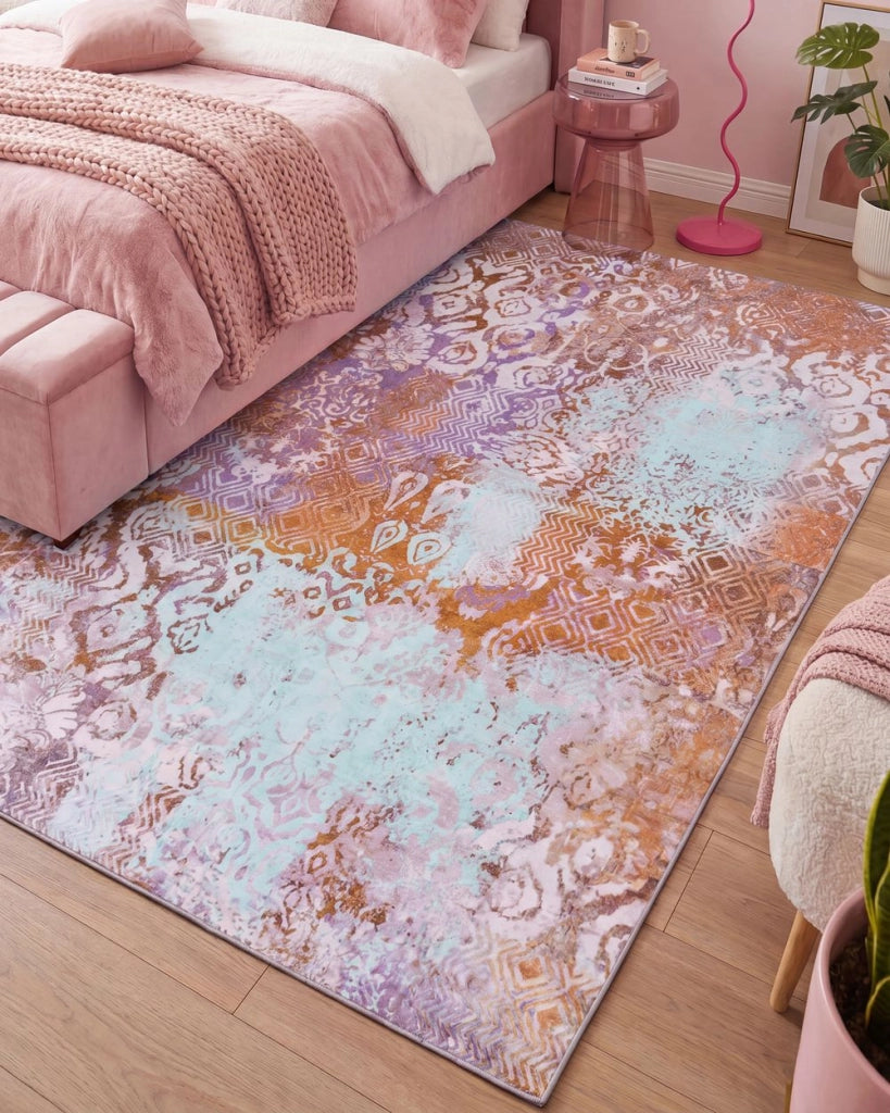 Tappeto multicolore in poliestere, 200 x 300 cm, tessuto a trama piatta, stile orientale boho, con vivaci motivi stampati