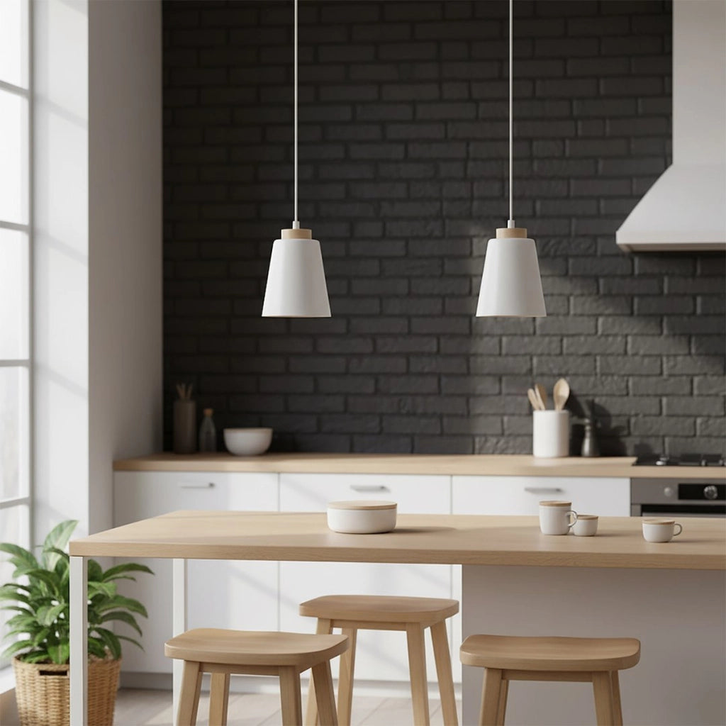 Lampada a sospensione BOLERO in acciaio bianco e legno