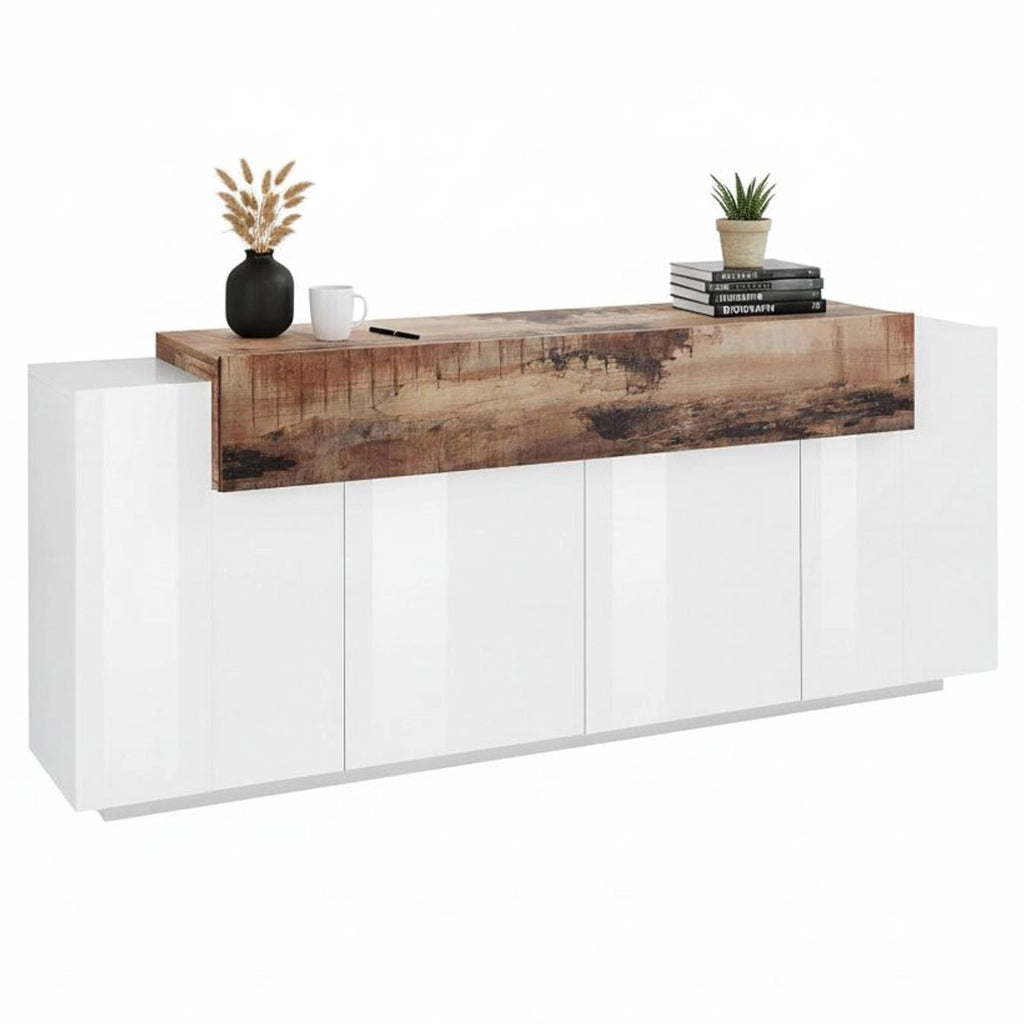 Credenza moderna a 5 Discordia, Made in Italy, Madia da cucina, Buffet di design da soggiorno, cm 200x45h86, colore Bianco lucido e Acero