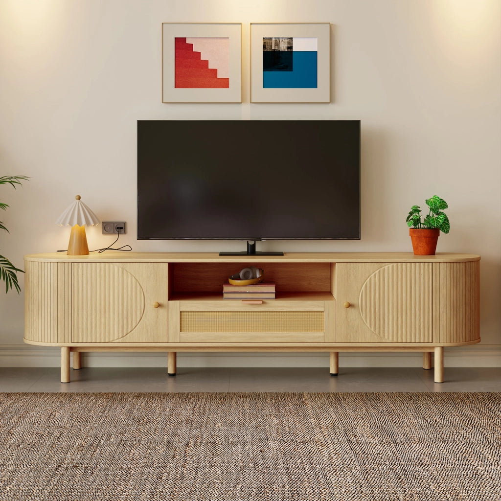 Mobile TV in MDF naturale con cassetto in rattan, ante e passacavi, 175 cm