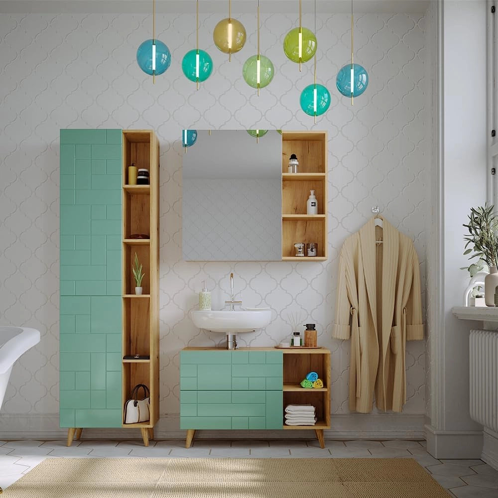 Armadio per il bagno Rudi, Verde menta, 56 x 193 cm con ante e vani a giorno, con meccanismo push-to-open e struttura combinabile