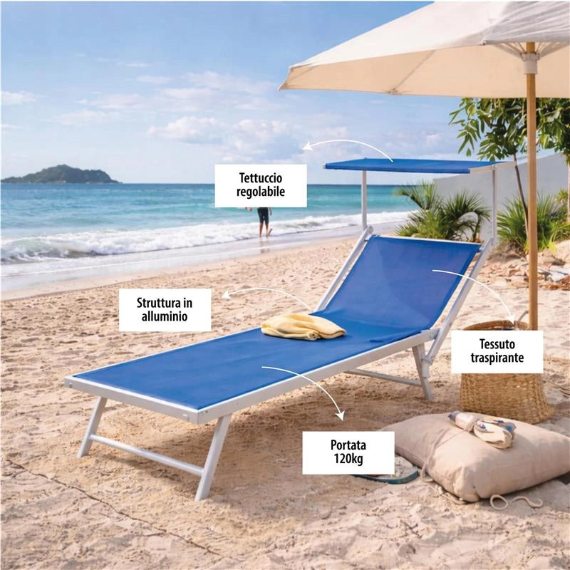LETTINO RIMINI PRENDISOLE IN ALLUMINIIO CON PARASOLE PIEGHEVOLE 61X183/189X38H CM , COLORE BLU
