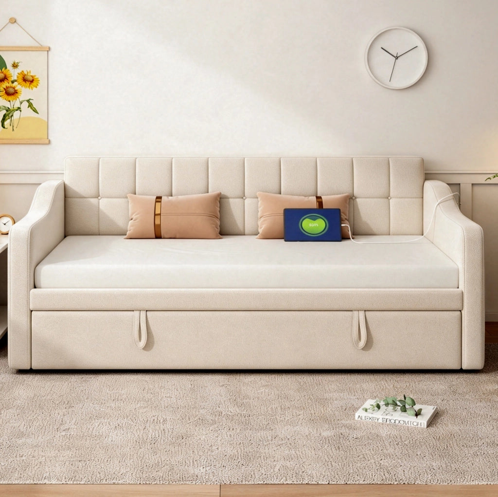 LETTO Imbottito Estraibile 90x190 cm Velluto Beige con Porte USB