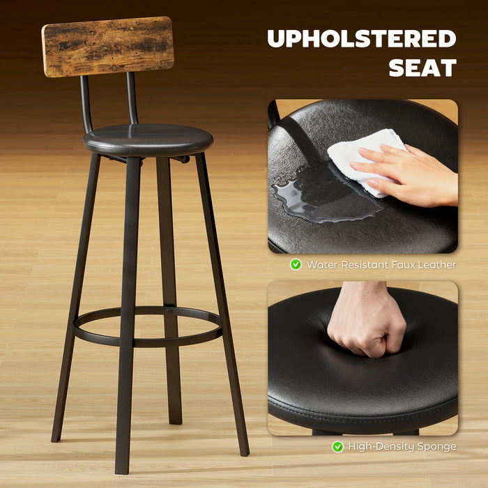 Set 2 Sgabelli da Bar Stile Industriale con Schienale Seduta in Finta Pelle e Poggiapiedi Marrone Rustico